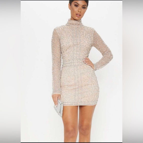 Special occasion Beaded Sequin turtleneck dress mesh lining prettylittlething - Picture 3 of 13